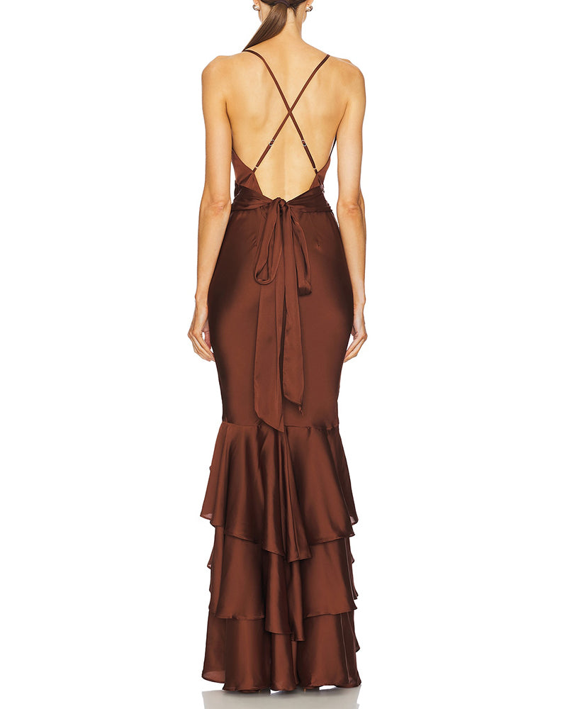 Yasmin Brown Sleeveless Spaghetti Strap Dress