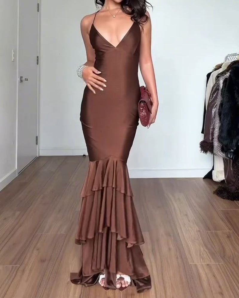 Yasmin Brown Sleeveless Spaghetti Strap Dress