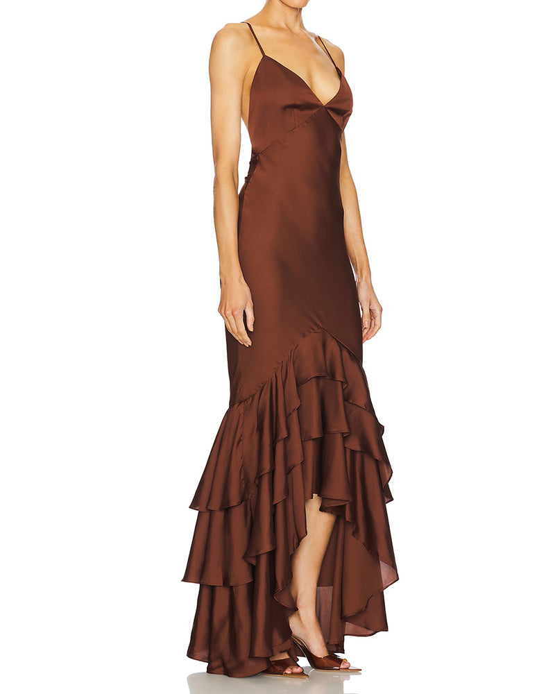 Yasmin Brown Sleeveless Spaghetti Strap Dress