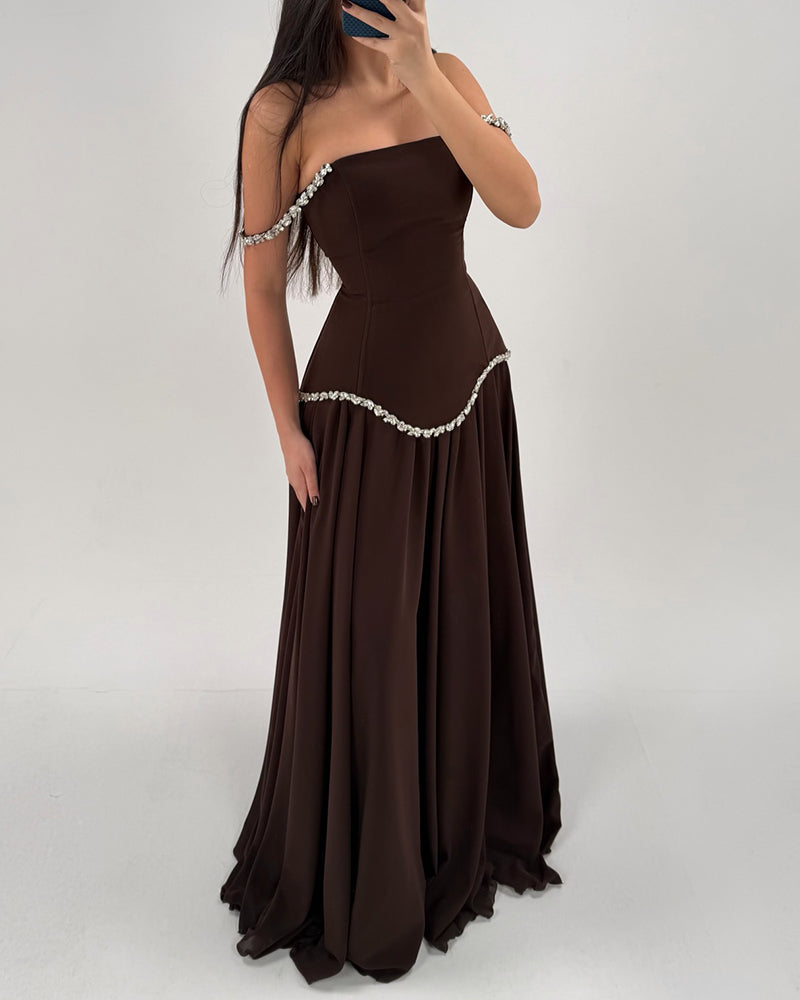 Elise Brown Strapless Beaded Trim Maxi Dress