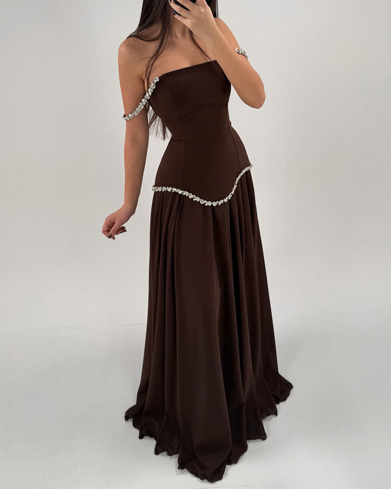 Elise Brown Strapless Beaded Trim Maxi Dress