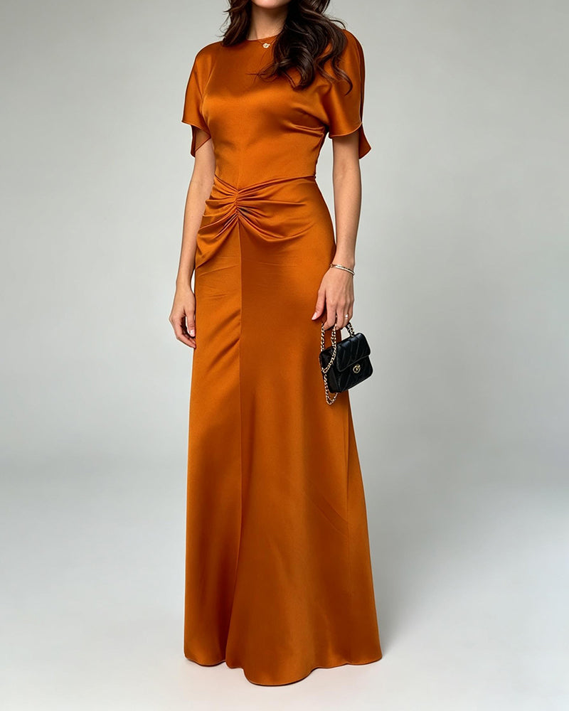 Amara Brown Satin Round Neck Maxi Dress