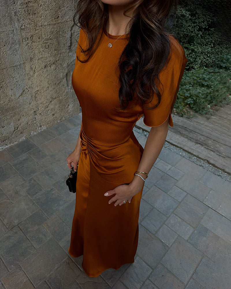 Amara Brown Satin Round Neck Maxi Dress