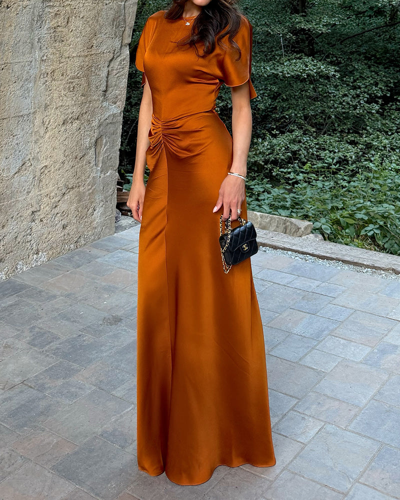 Amara Brown Satin Round Neck Maxi Dress