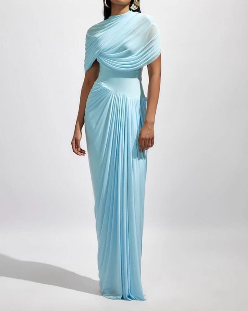 Yara Blue Draped Overlay Mesh Maxi Dress