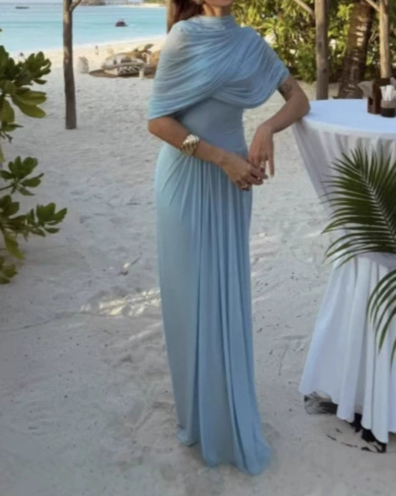 Yara Blue Draped Overlay Mesh Maxi Dress