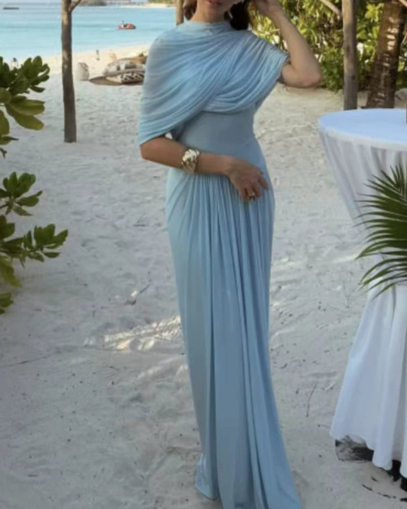 Yara Blue Draped Overlay Mesh Maxi Dress