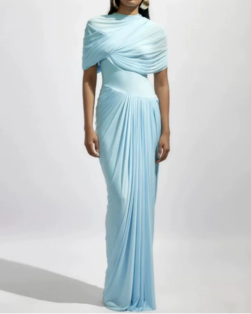 Yara Blue Draped Overlay Mesh Maxi Dress