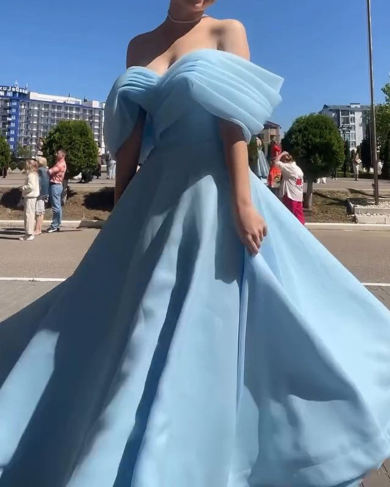 Viviana Blue Off-the-Shoulder Draped Organza Ball Gown