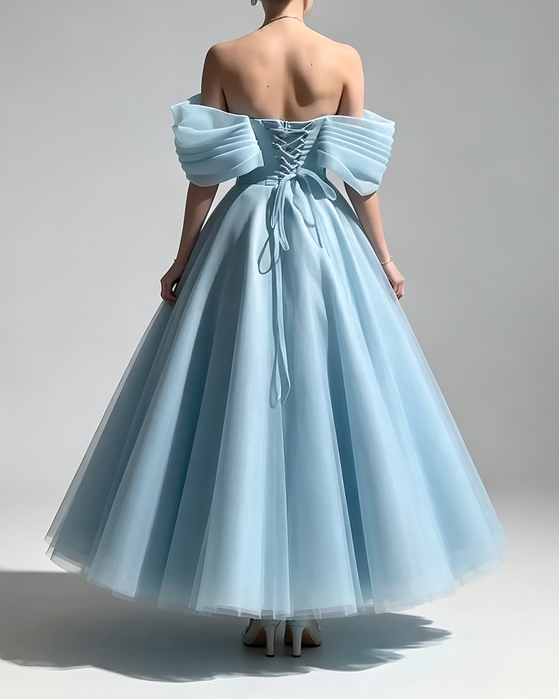 Viviana Blue Off-the-Shoulder Draped Organza Ball Gown