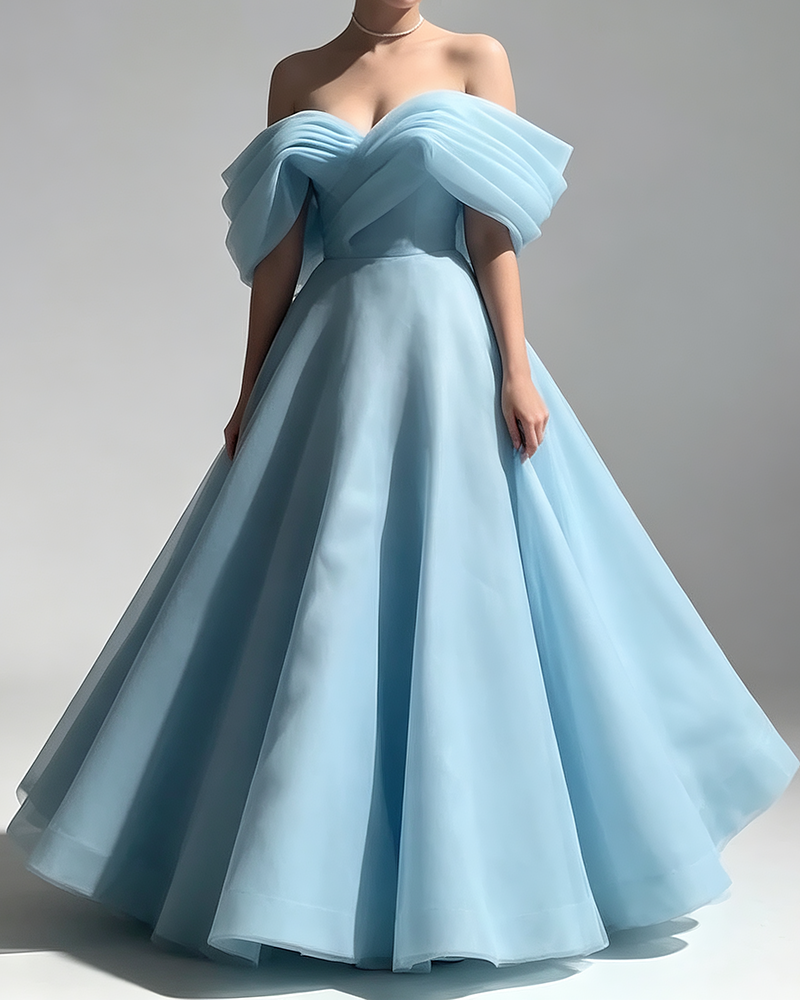 Viviana Blue Off-the-Shoulder Draped Organza Ball Gown