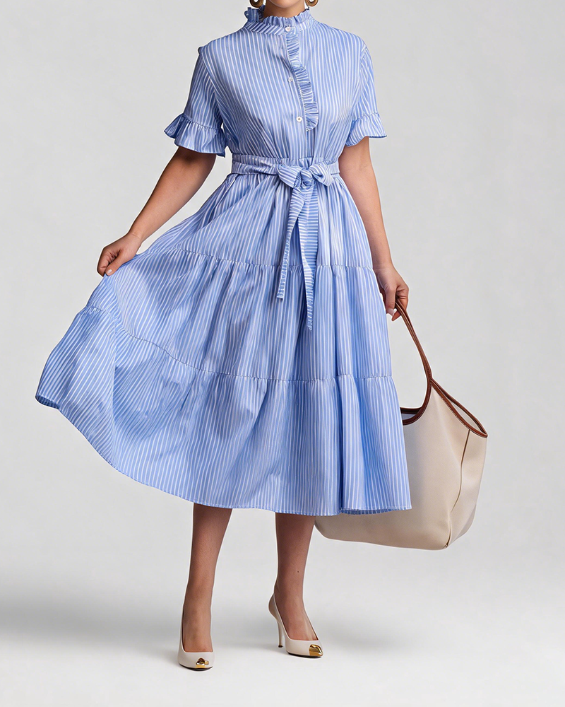 Mariana Blue and White Striped Tiered Midi Dress