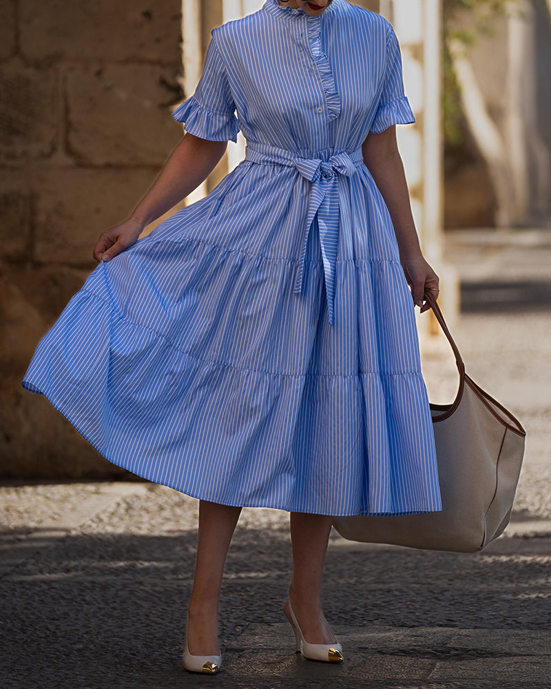 Mariana Blue and White Striped Tiered Midi Dress