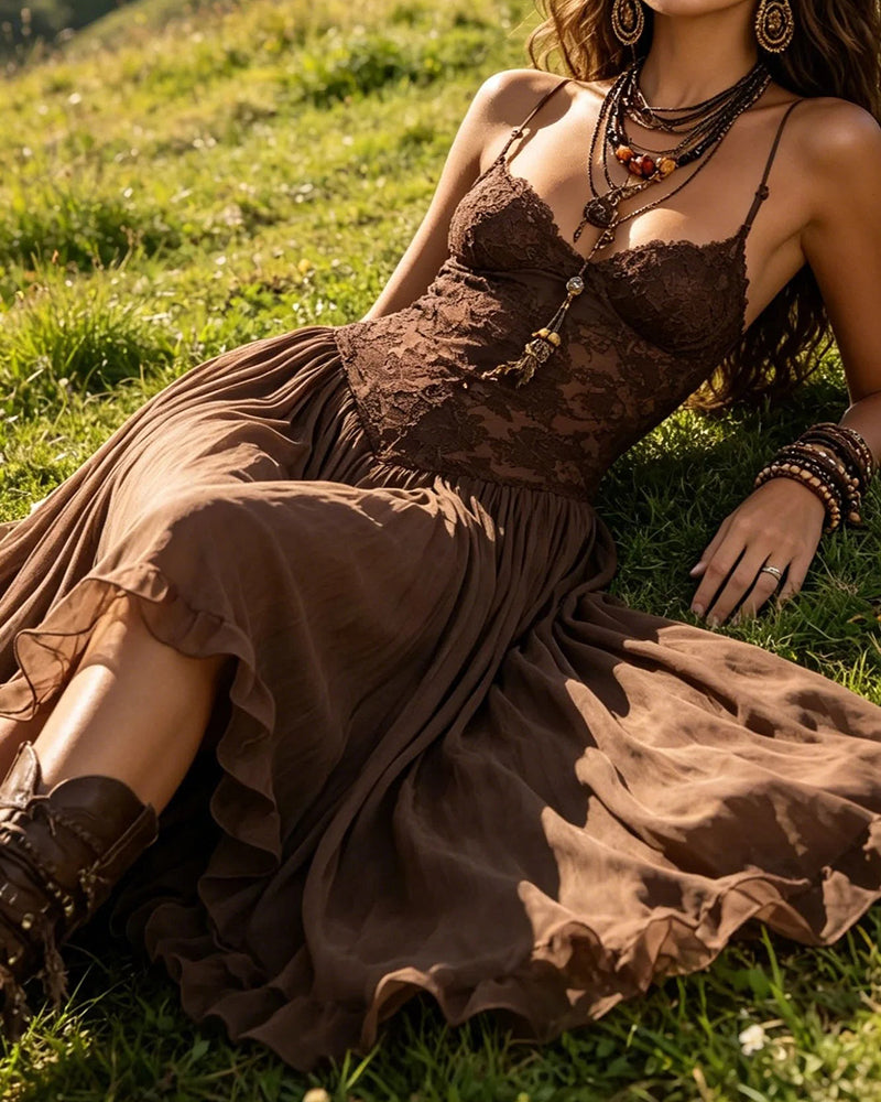 Noemi Dark Coffee Lace-Bodice Flowing Chiffon Maxi Dress