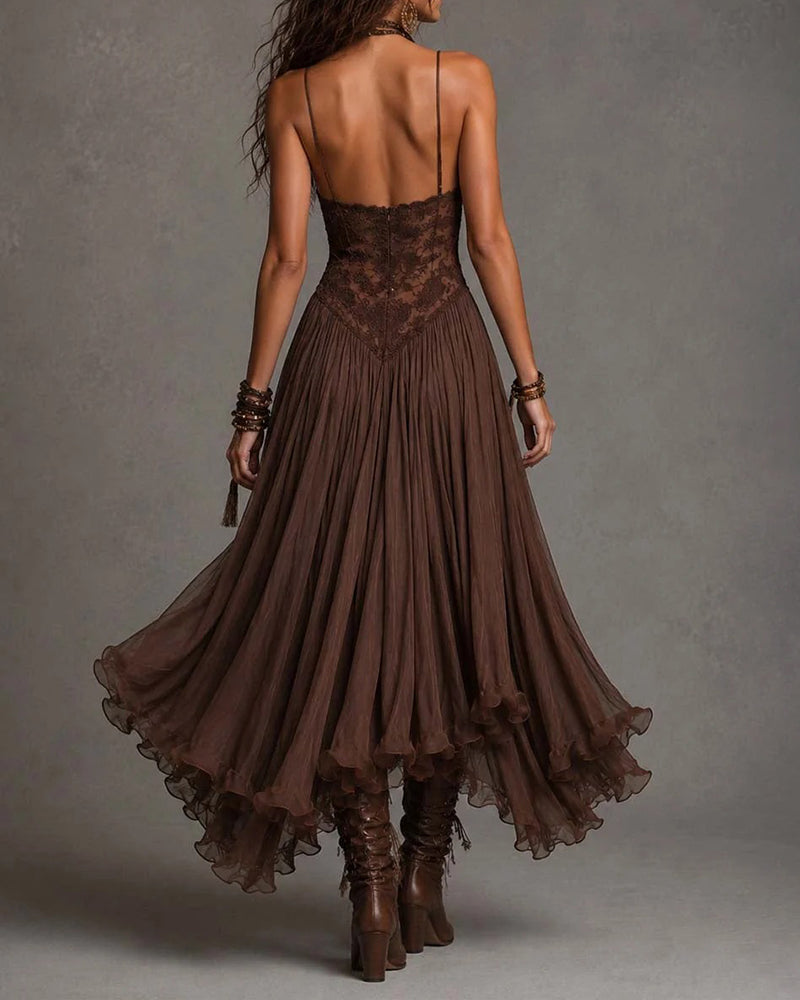 Noemi Dark Coffee Lace-Bodice Flowing Chiffon Maxi Dress