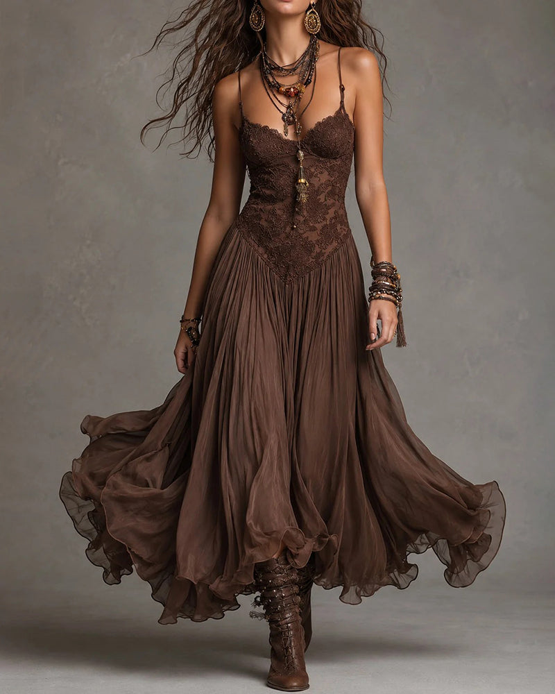 Noemi Dark Coffee Lace-Bodice Flowing Chiffon Maxi Dress