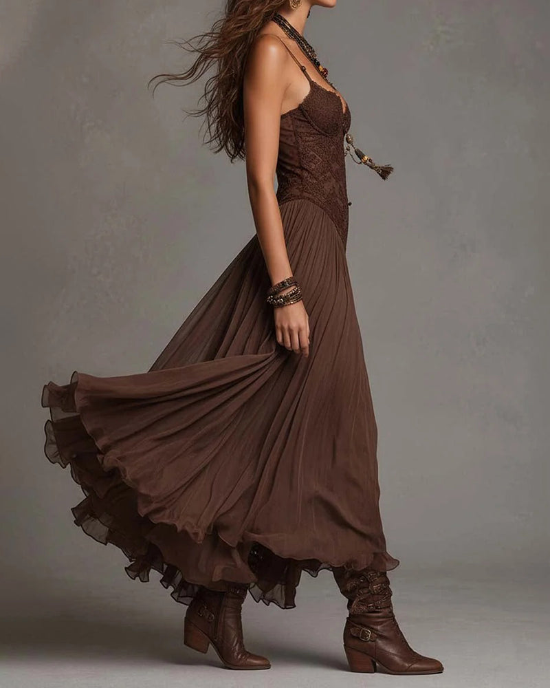 Noemi Dark Coffee Lace-Bodice Flowing Chiffon Maxi Dress