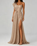 Kalina Gold Asymmetric Draped Pleated Chiffon Maxi Evening Gown
