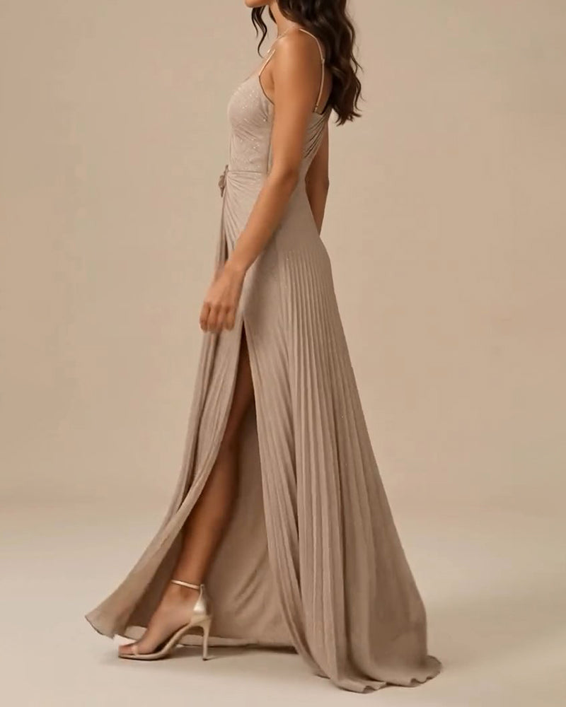 Kalina Gold Asymmetric Draped Pleated Chiffon Maxi Evening Gown