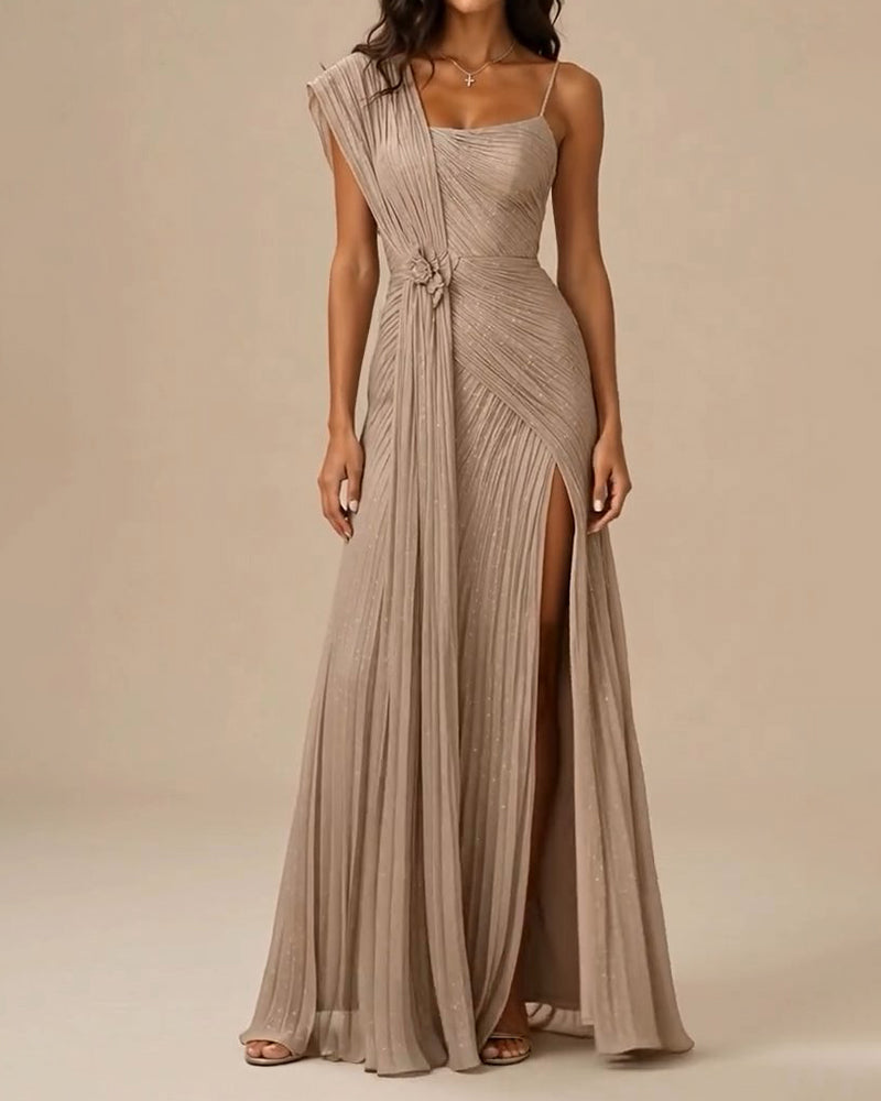 Kalina Gold Asymmetric Draped Pleated Chiffon Maxi Evening Gown