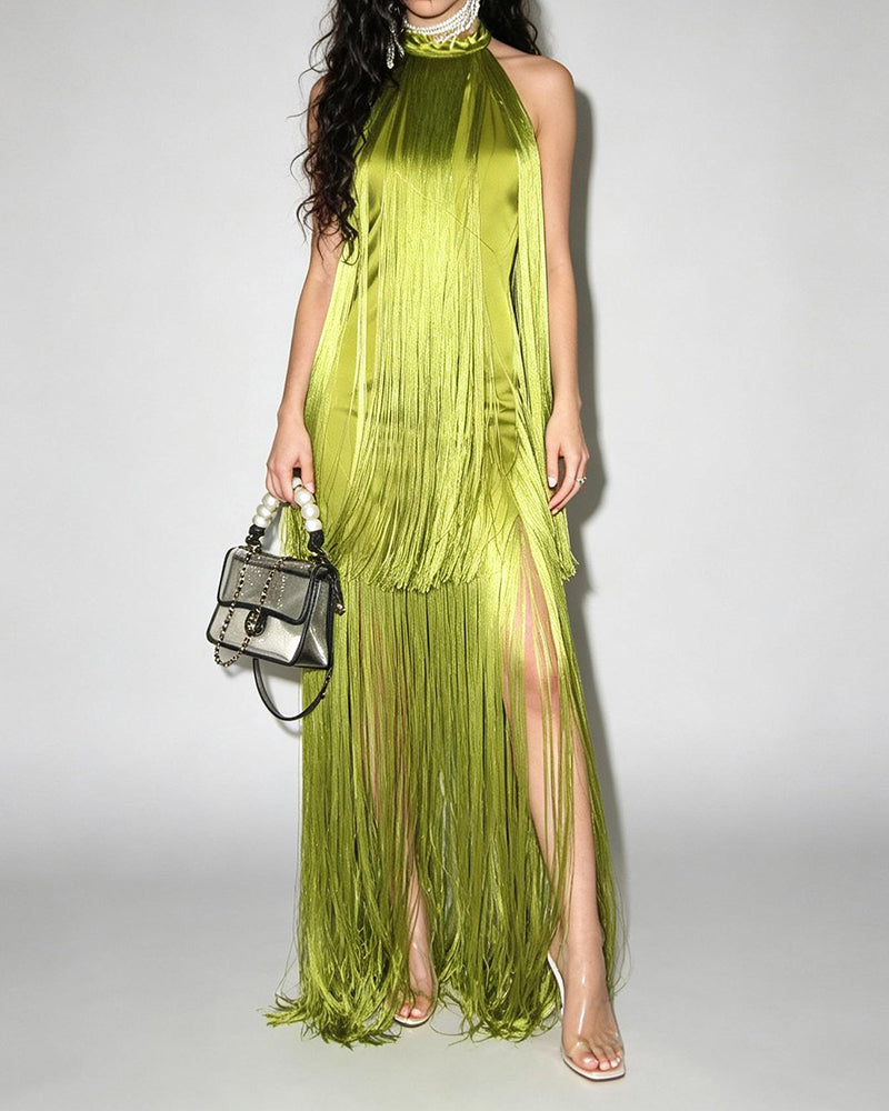 Paulina Green Halter Fringe Tiered Satin Maxi Dress