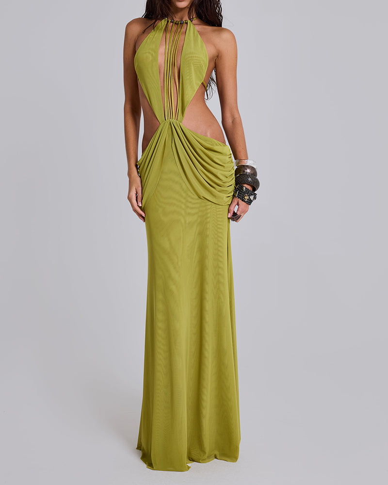 Zella Green Strappy Cutout Draped Halter Maxi Dress