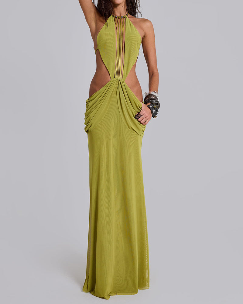 Zella Green Strappy Cutout Draped Halter Maxi Dress