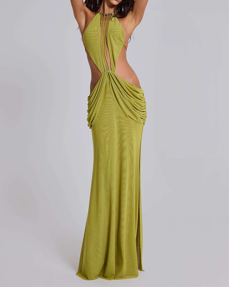 Zella Green Strappy Cutout Draped Halter Maxi Dress