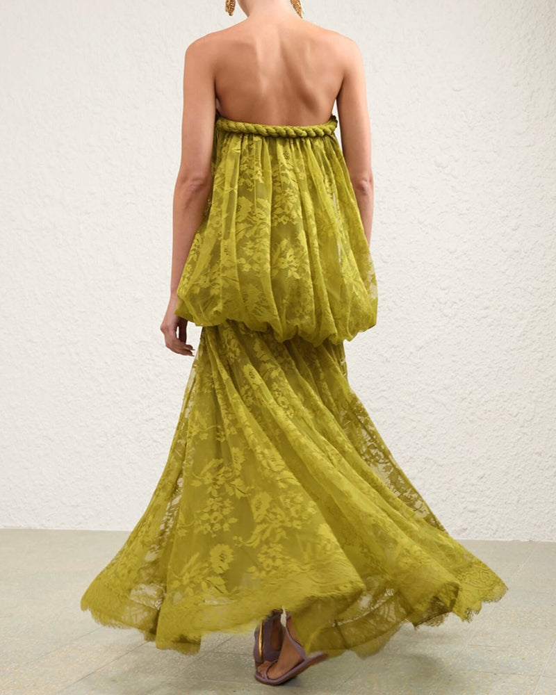 Astrid Green Strapless Floral Sheer Maxi Dress