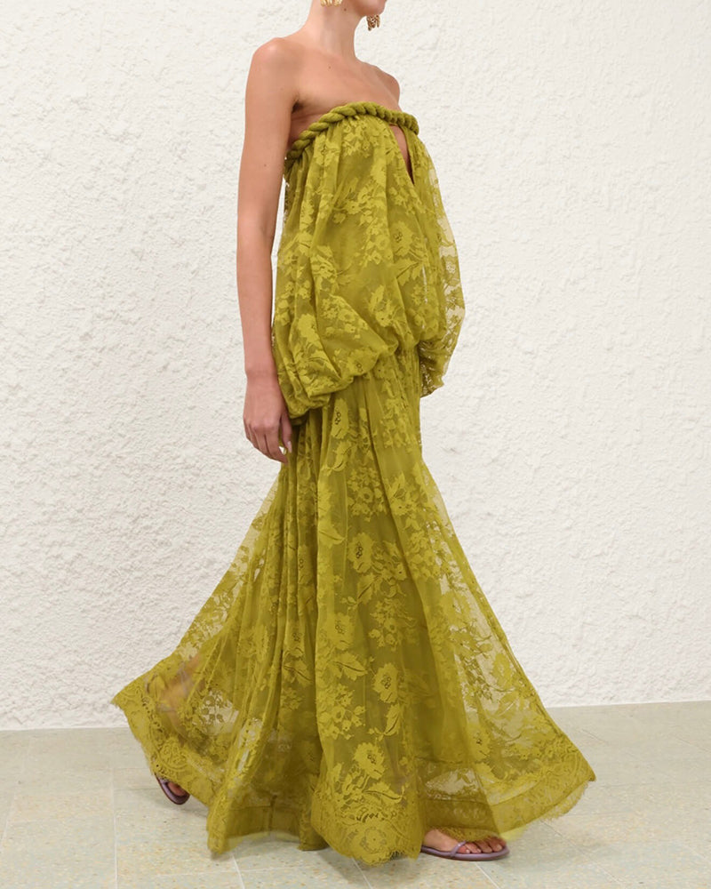 Astrid Green Strapless Floral Sheer Maxi Dress