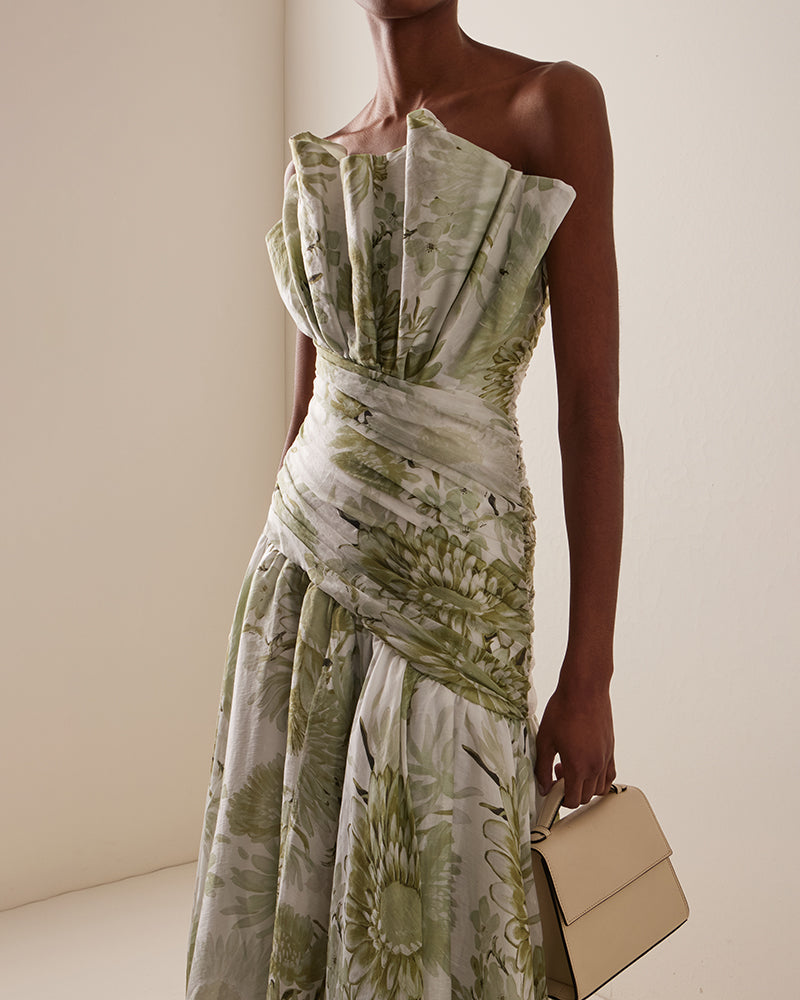 Jade Green Strapless Printed High Low Maxi Dress