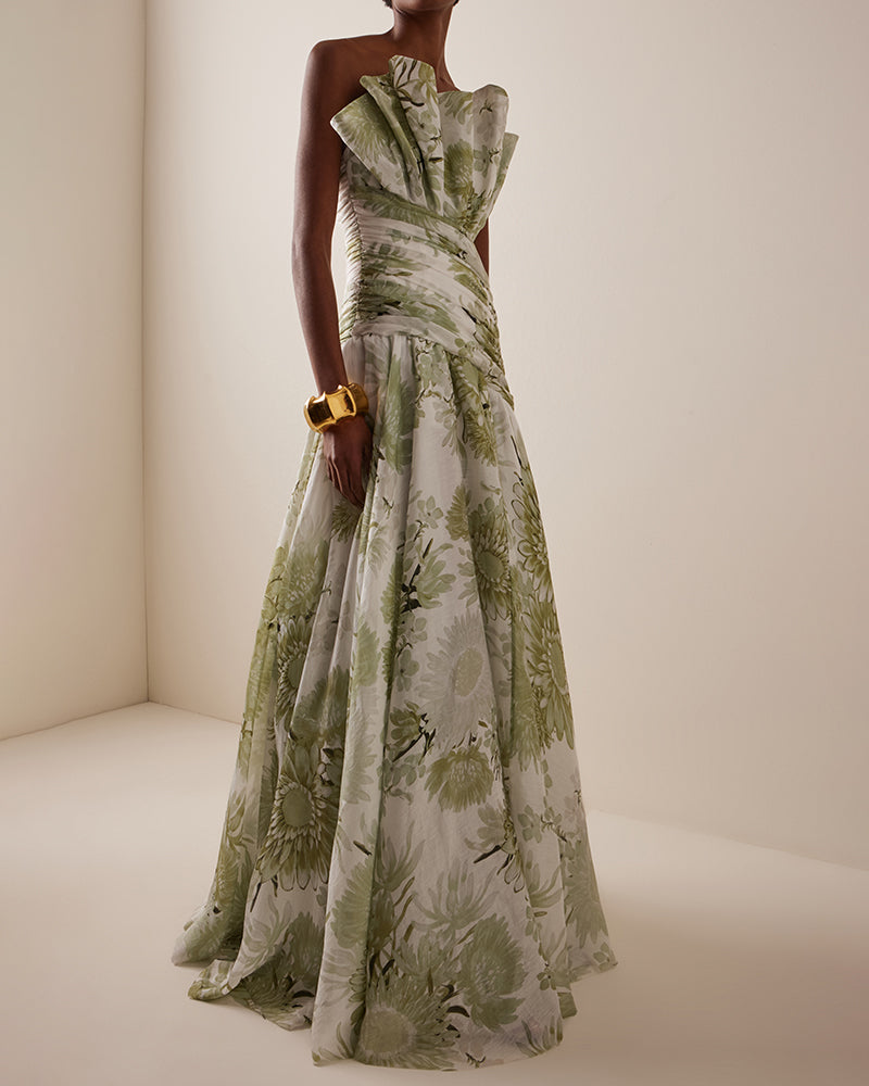 Jade Green Strapless Printed High Low Maxi Dress