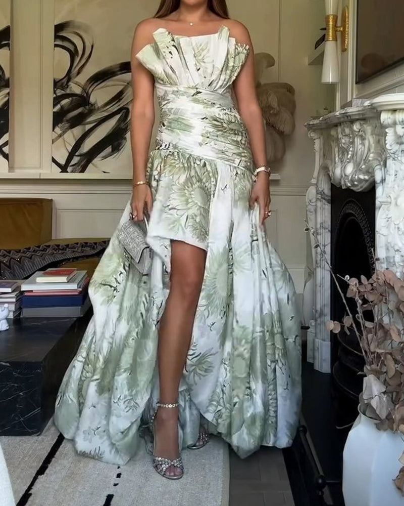 Jade Green Strapless Printed High Low Maxi Dress