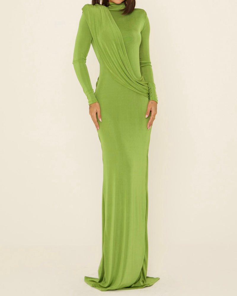 Esme Green Turtleneck Long Sleeve Draped Backless Maxi Dress