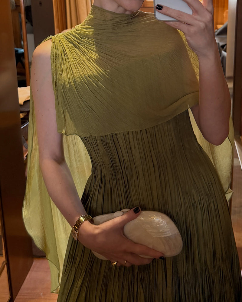Selene Olive Green Pleated Cape Maxi Evening Gown