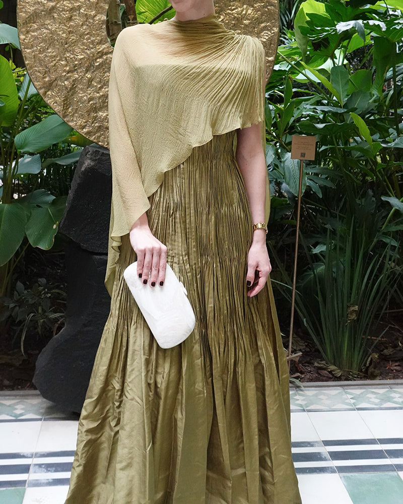 Selene Olive Green Pleated Cape Maxi Evening Gown
