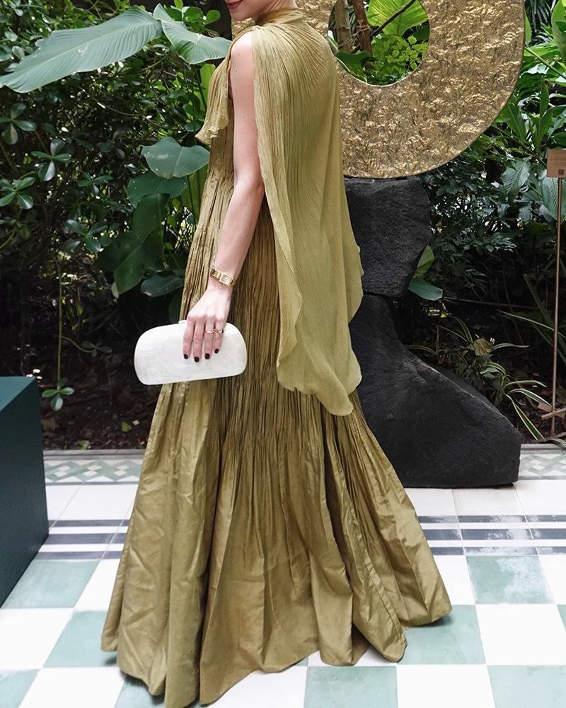 Selene Olive Green Pleated Cape Maxi Evening Gown