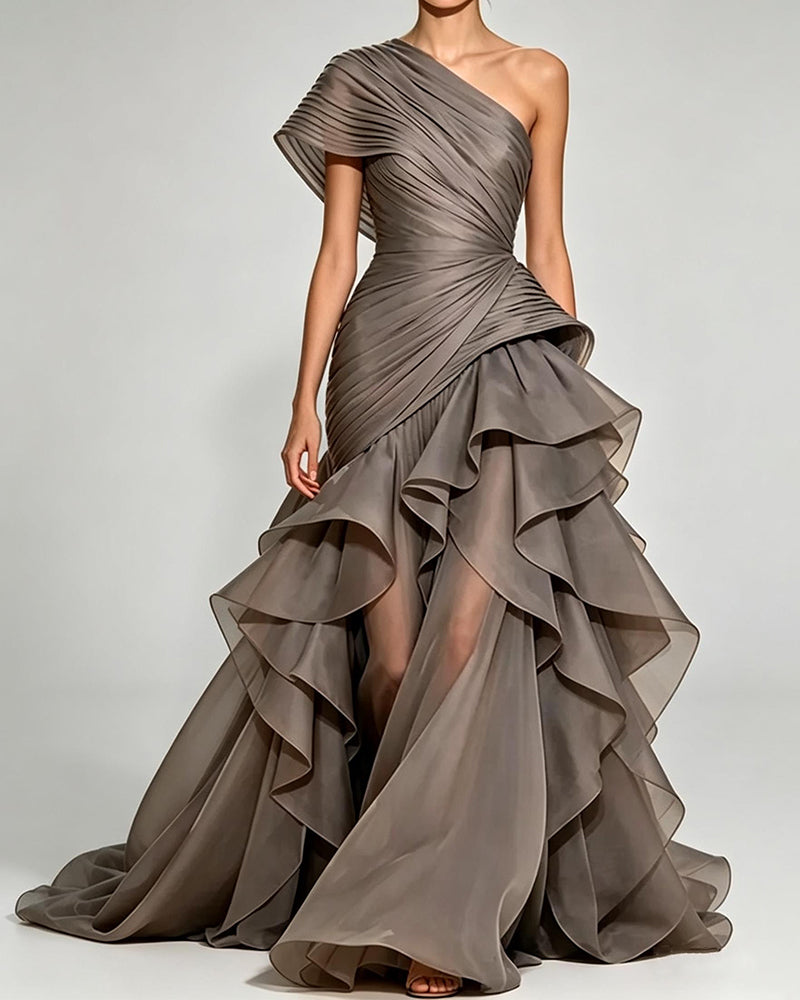 Elodie Grey One-Shoulder Pleated Ruffle Gow