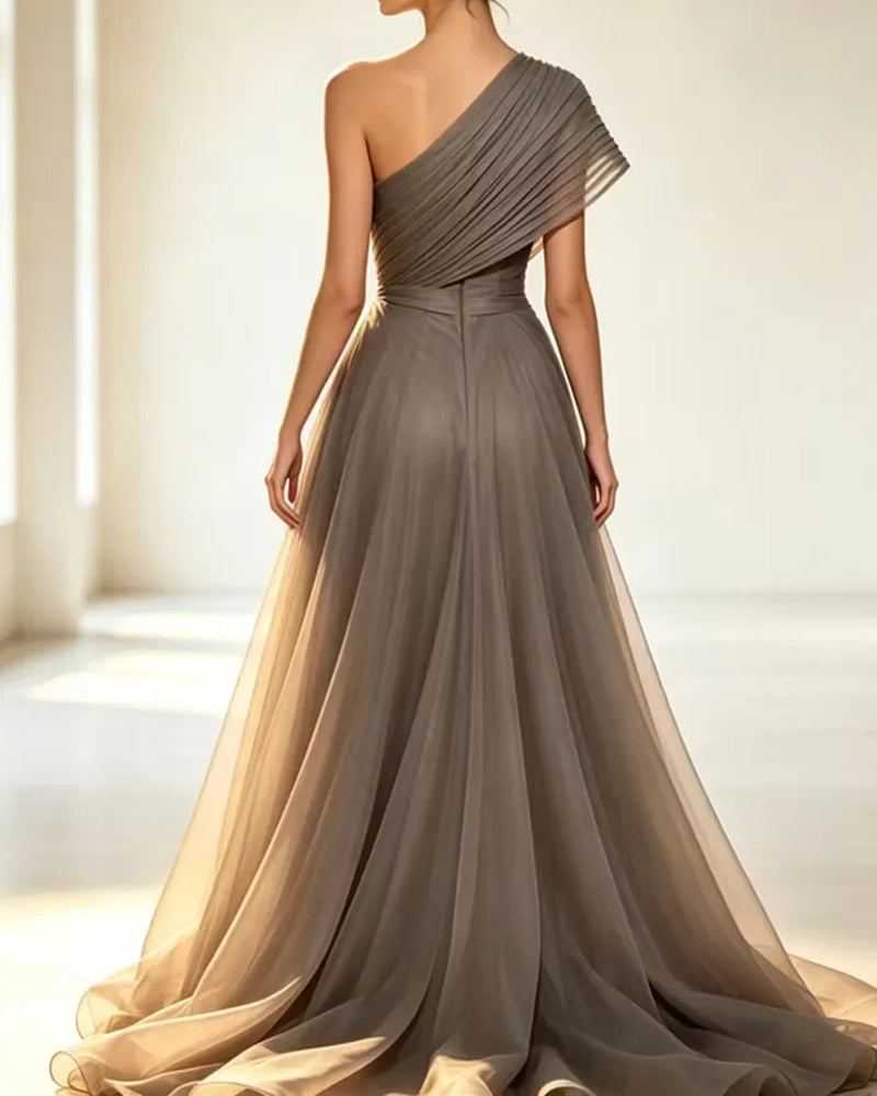 Elodie Grey One-Shoulder Pleated Ruffle Gow