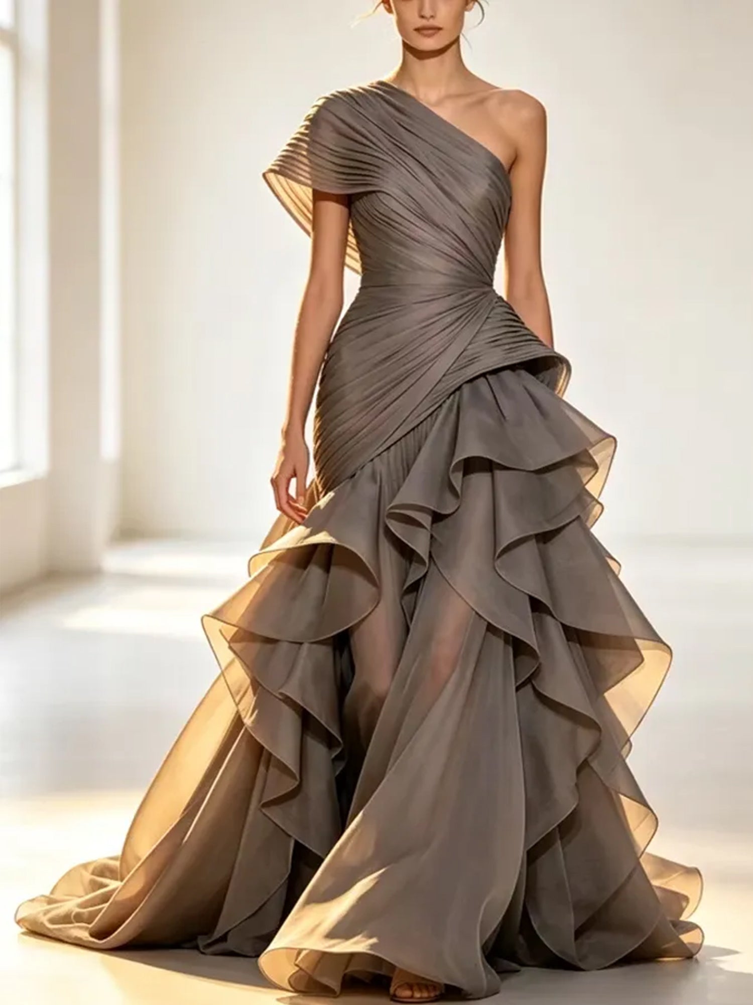 Elodie Grey One-Shoulder Pleated Ruffle Gow