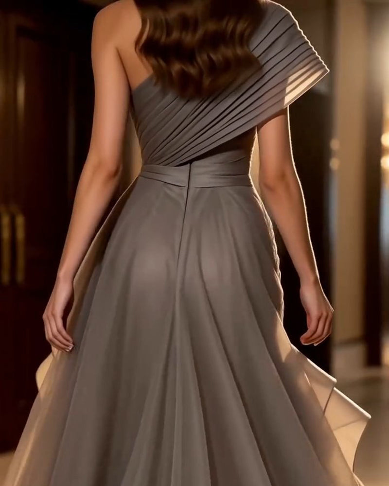 Elodie Grey One-Shoulder Pleated Ruffle Gow