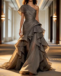 Elodie Grey One-Shoulder Pleated Ruffle Gow