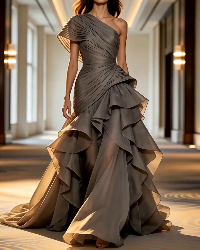 Elodie Grey One-Shoulder Pleated Ruffle Gow