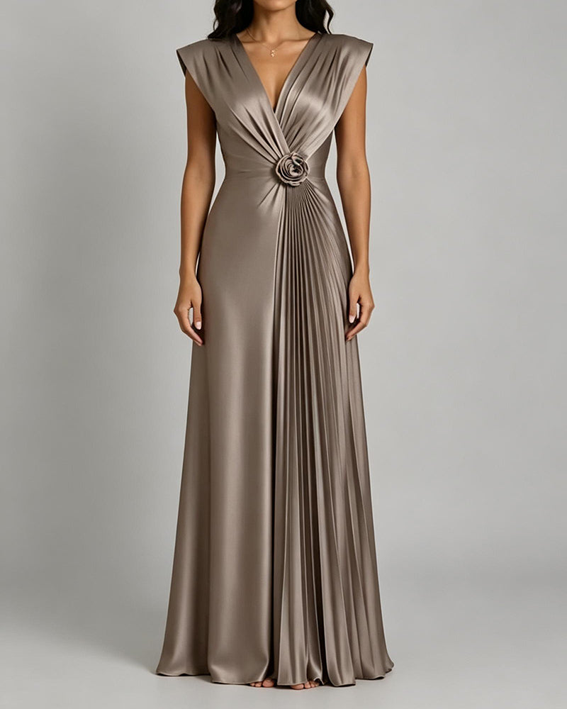 Nevaeh Grey Satin Deep V Pleated Maxi Evening Gown