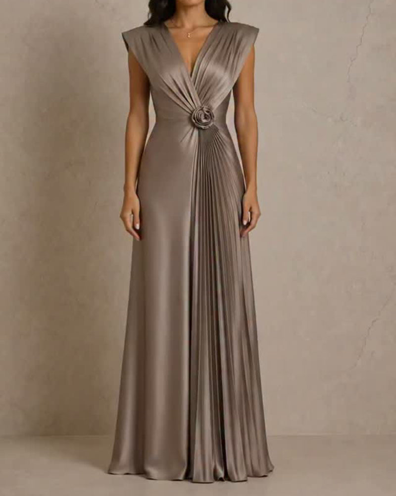 Nevaeh Grey Satin Deep V Pleated Maxi Evening Gown