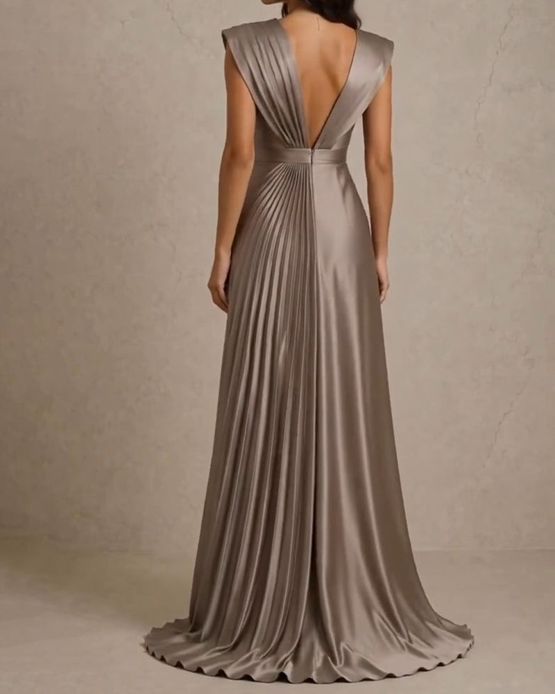 Nevaeh Grey Satin Deep V Pleated Maxi Evening Gown
