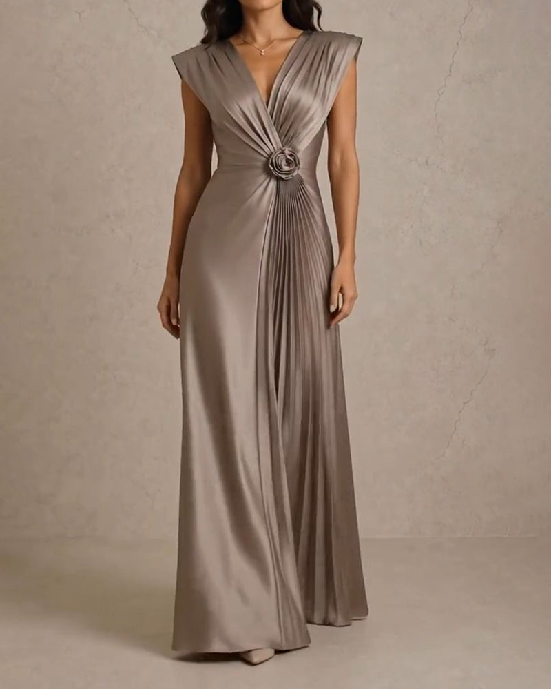 Nevaeh Grey Satin Deep V Pleated Maxi Evening Gown