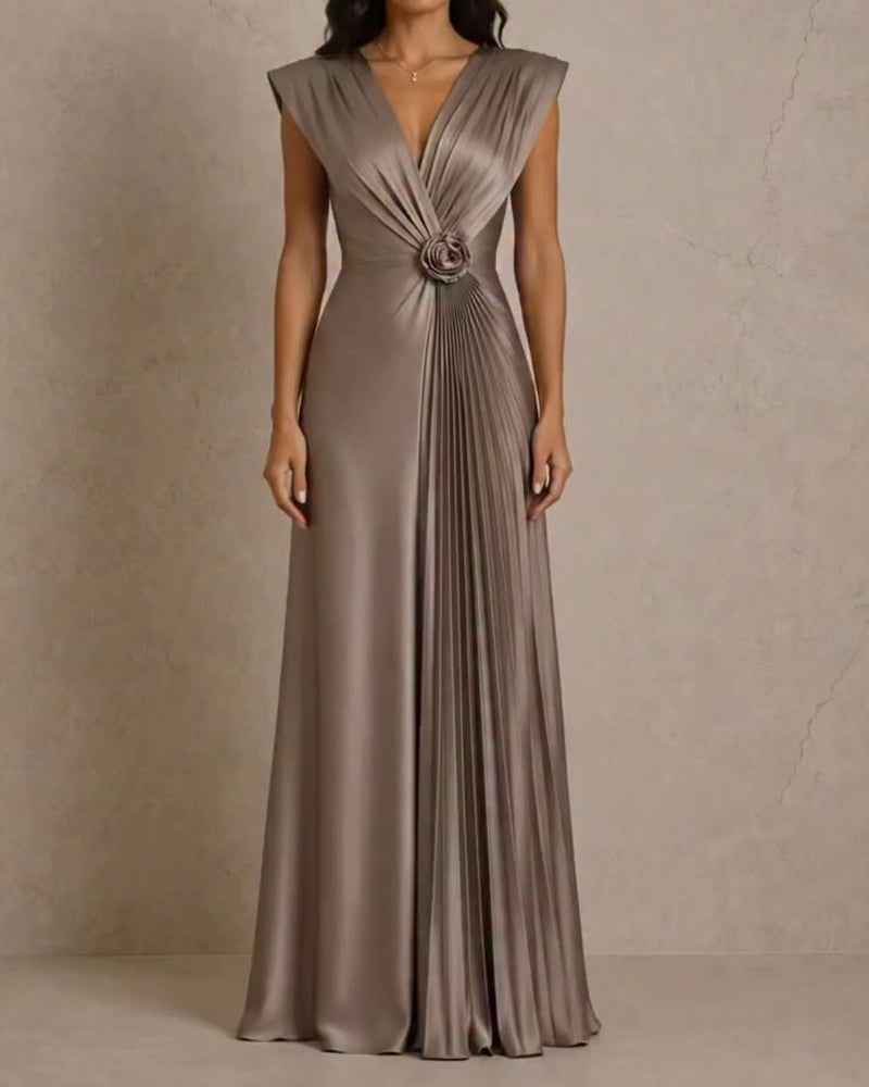 Nevaeh Grey Satin Deep V Pleated Maxi Evening Gown