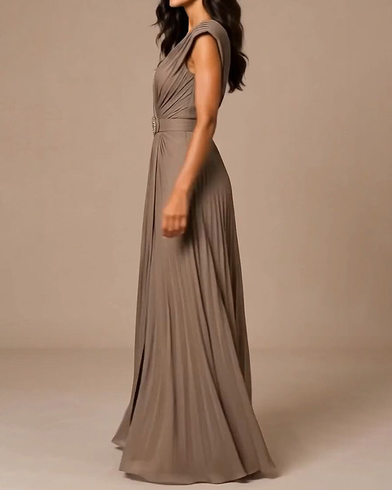 Valentina Grey Deep V Pleated Chiffon Maxi Gown