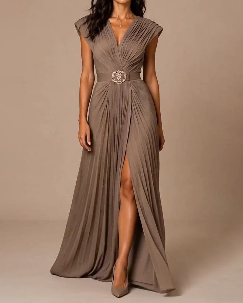 Valentina Grey Deep V Pleated Chiffon Maxi Gown